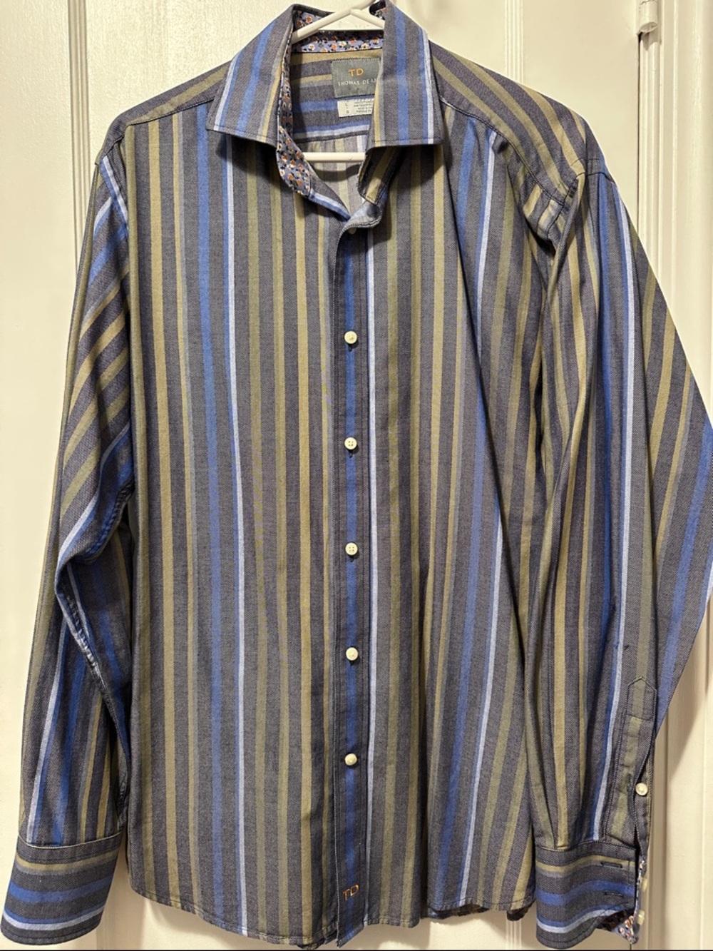 Thomas Dean Blue and Olive Striped Men’s Dress Shirt
